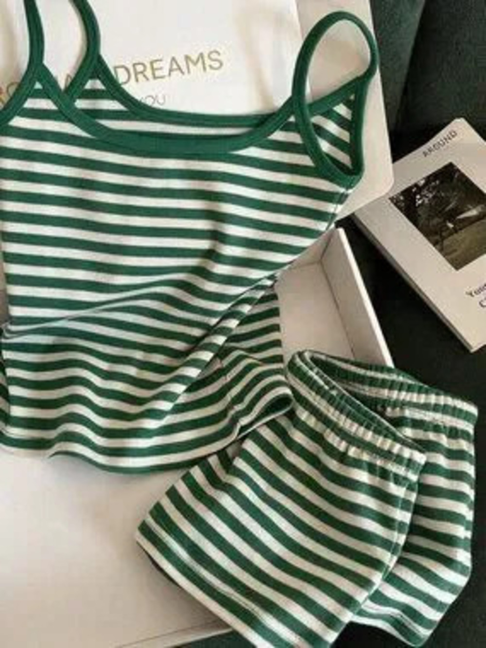 Green Casual Women's Striped Colorblock Camisole Top And Shorts Vacation Set